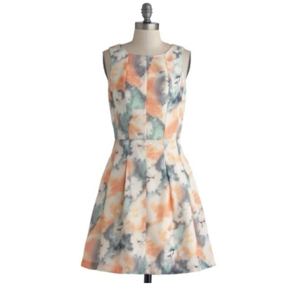 ModCloth Bea & Dot Fit And Flare Dress Watercolor Print Cream Orange Blue 1X
